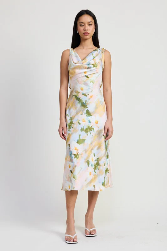 FLORAL MIDI COWL NECK DRESS - Budpants