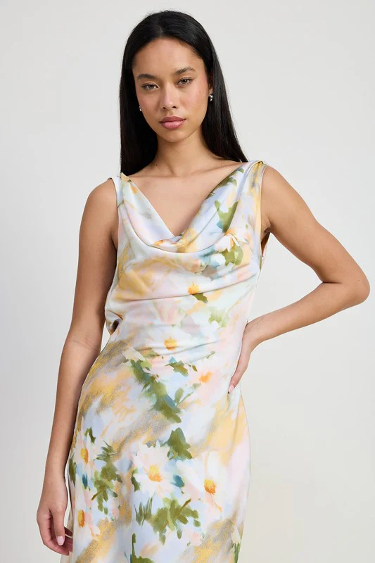 FLORAL MIDI COWL NECK DRESS - Budpants