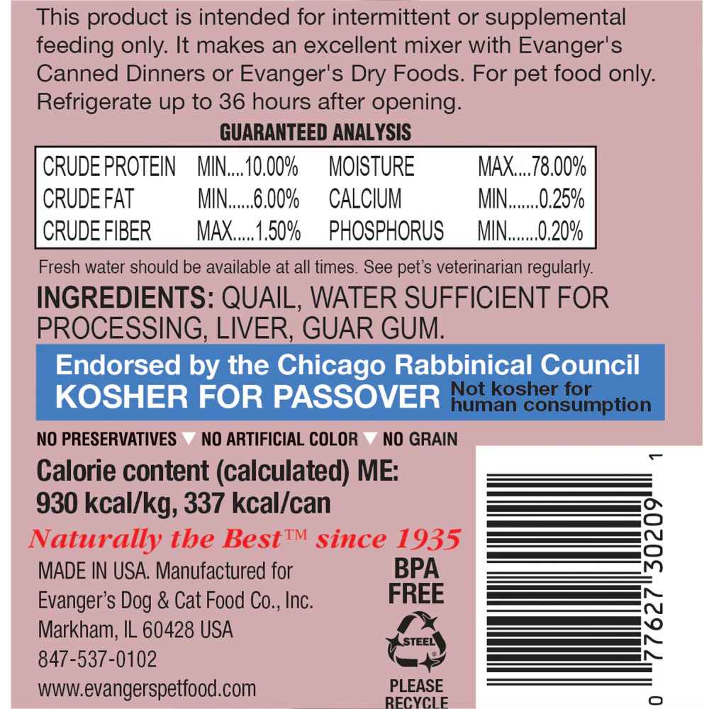 Evangers Grain Free Quail Canned Food for Dogs and Cats - Budpants