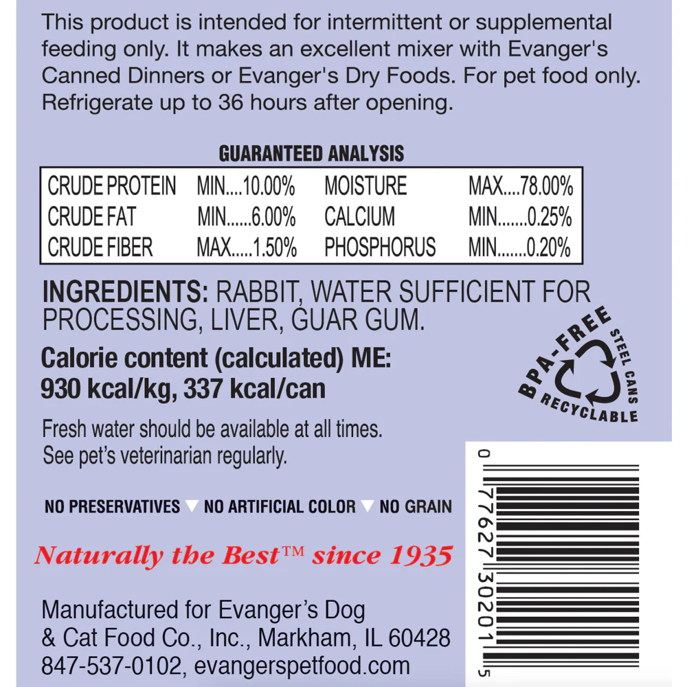 Evangers Grain Free Rabbit  Canned Dog and Cat Food - Budpants