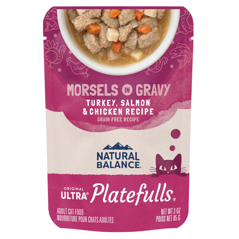 Natural Balance Original Ultra Platefulls Turkey, Salmon & Chicken Recipe Morsels in Gravy Wet Cat Food Pouches - Budpants