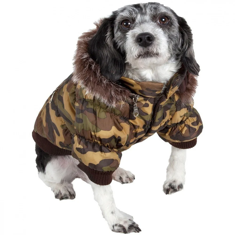 Pet Life Metallic Camouflage Fashion Parka Insulated Dog Coat with Removable Hood - Budpants