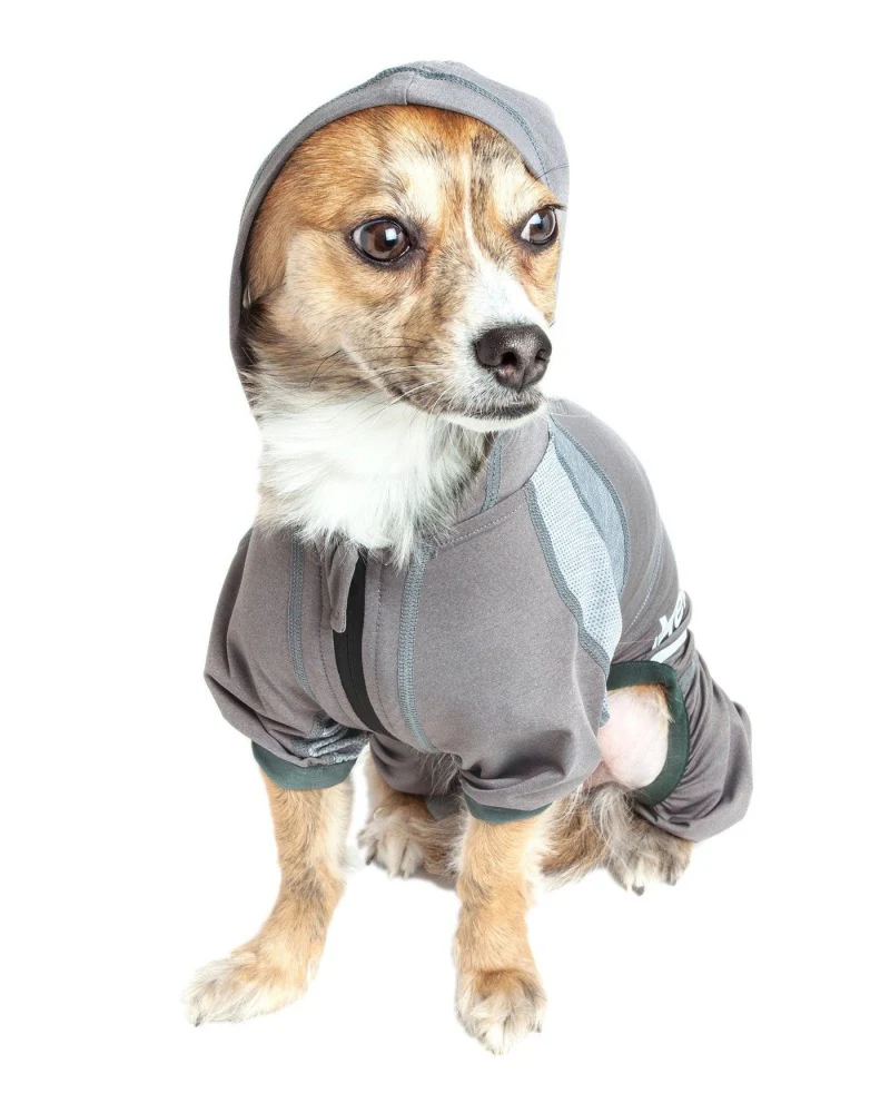 Pet Life Dog Helios Namastail Grey Full Bodied Performance Breathable Yoga Dog Hooded Tracksuit - Budpants