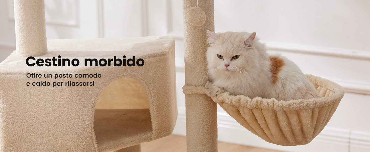 Cuccia per gatti beige con design curvo simile a un'amaca. Gatto bianco che riposa nel letto. Attaccato a un tiragraffi verticale. Testo 'Cestino