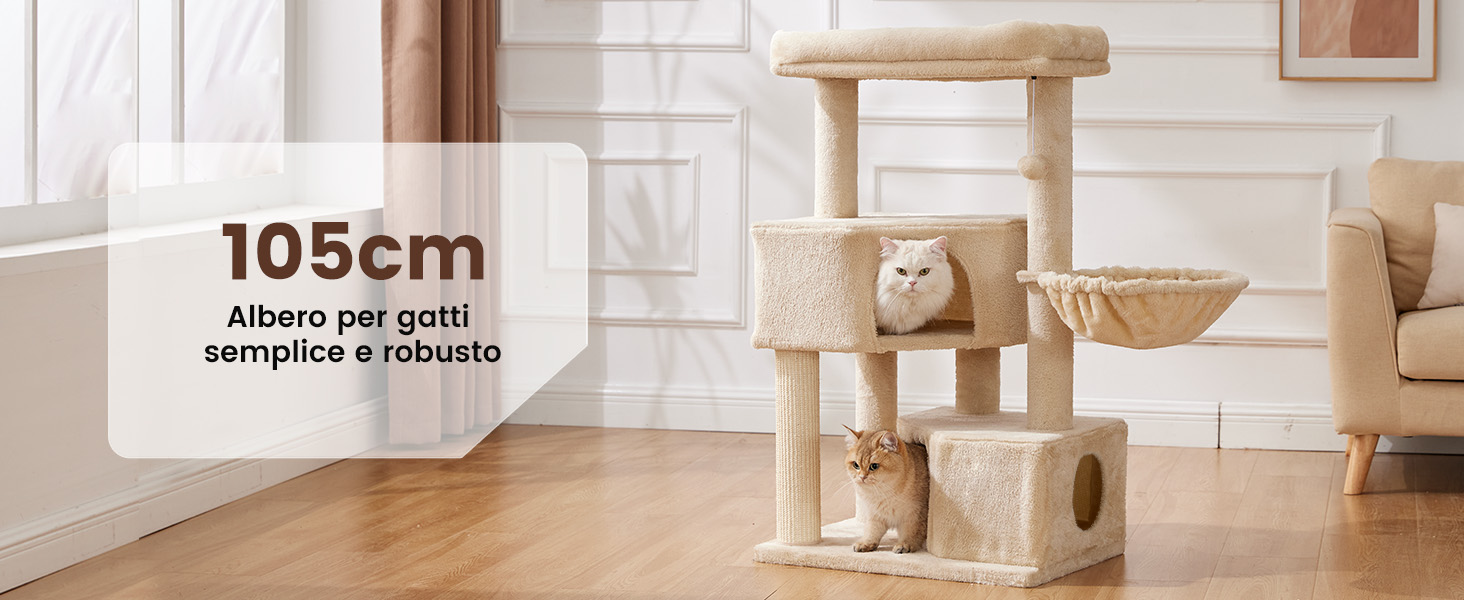 Tiragraffi a più livelli con piattaforme in moquette beige, tiragraffi e spazi chiusi. Ha un'altezza di 105 cm e ospita due gatti,