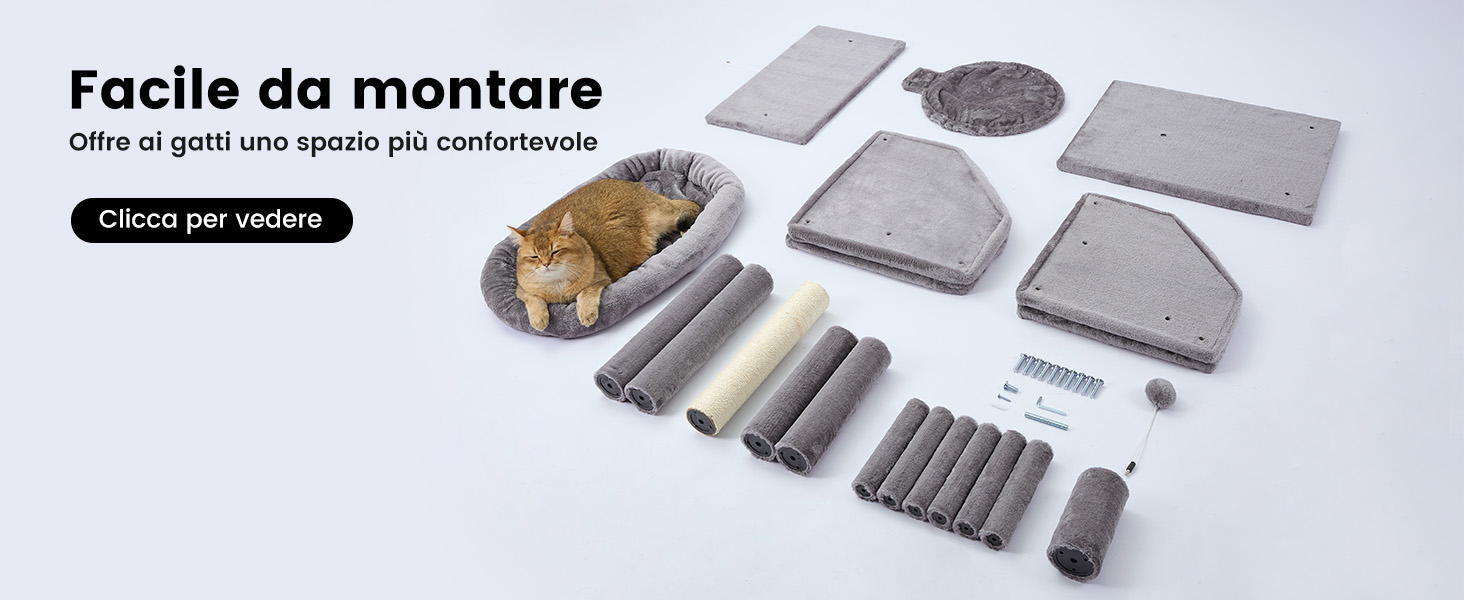 Componenti smontati della cuccia per gatti, inclusi cuscini, rotoli di tessuto e parti del telaio. Un gatto soriano arancione si sdraia su uno dei cuscini assemblati, a dimostrazione dell'