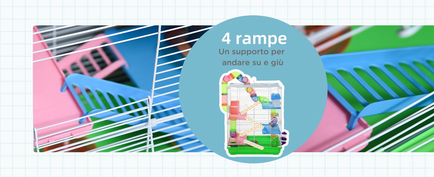 Gabbia per Criceti a 5 Livelli con Tubi, Ruota, Scale, Casetta e Bottiglia, Gabbietta per Roditori