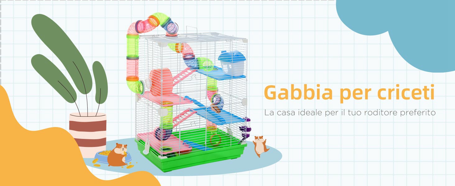 Gabbia per Criceti a 5 Livelli con Tubi, Ruota, Scale, Casetta e Bottiglia, Gabbietta per Roditori